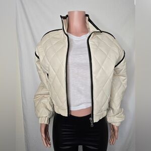7 for All Mankind Cream Faux Leather Quilted Bomber Jacket